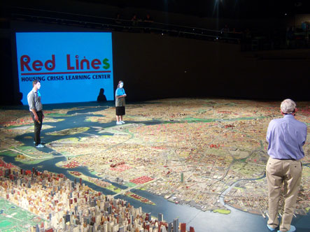 Sarah Ludwig, NEDAP, Kenneth Jackson, historian, and Damon Rich, artist, in discussion at Red Lines Housing Crisis Learning Center, 2009. Image courtesy Damon Rich and Queens Museum of Art.